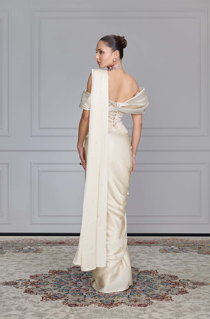 Cream Satin Crystal Drops Saree Set