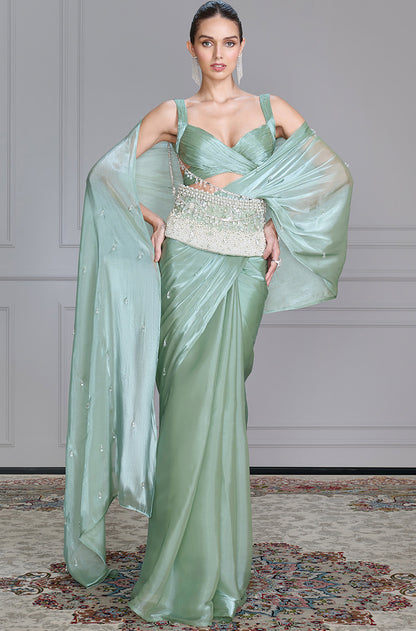 Sea Green Satin Organza Saree Set