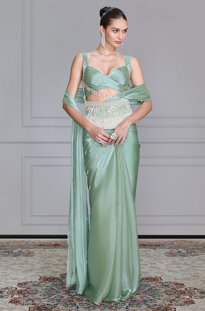 Sea Green Satin Organza Saree Set