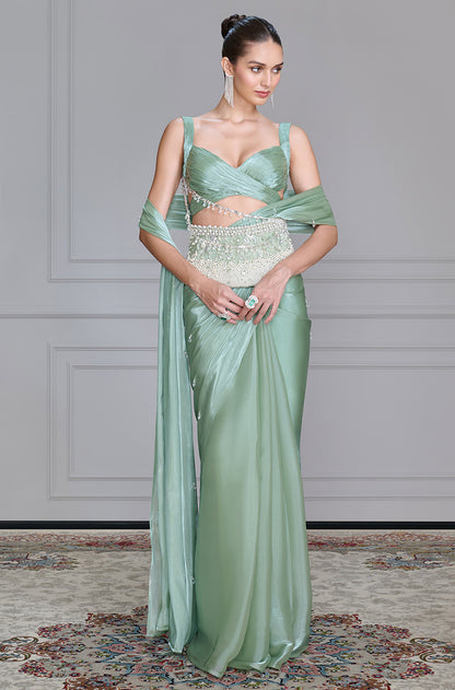 Sea Green Satin Organza Saree Set