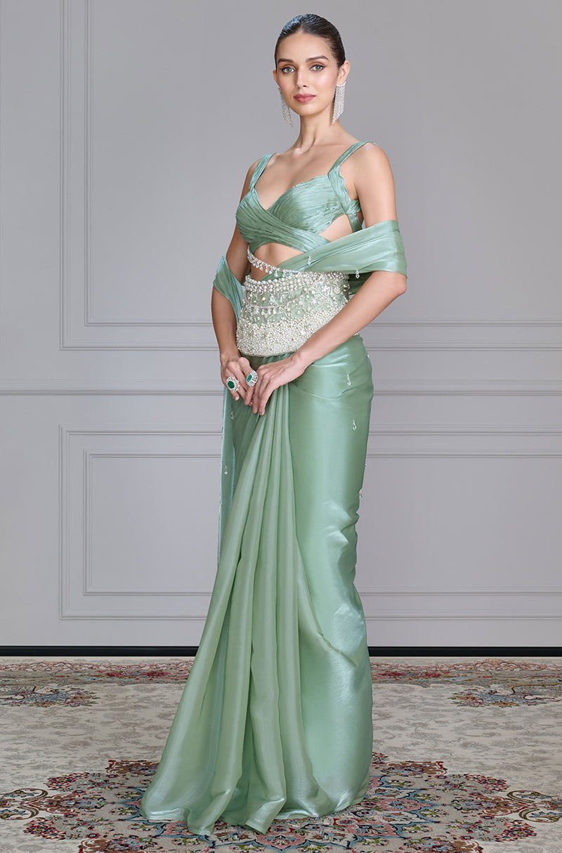 Sea Green Satin Organza Saree Set