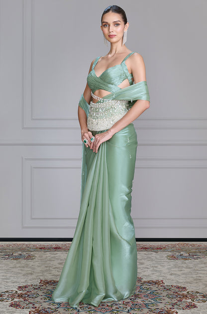 Sea Green Satin Organza Saree Set