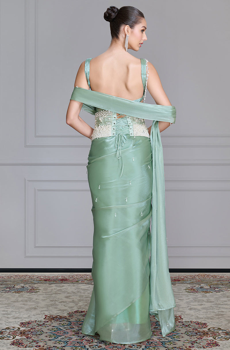 Sea Green Satin Organza Saree Set