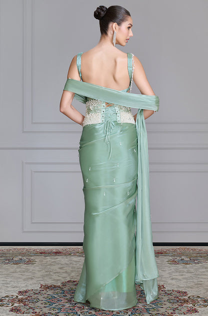 Sea Green Satin Organza Saree Set