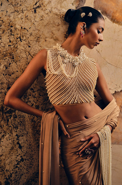 Beige with Scattered Pearls Saree Set