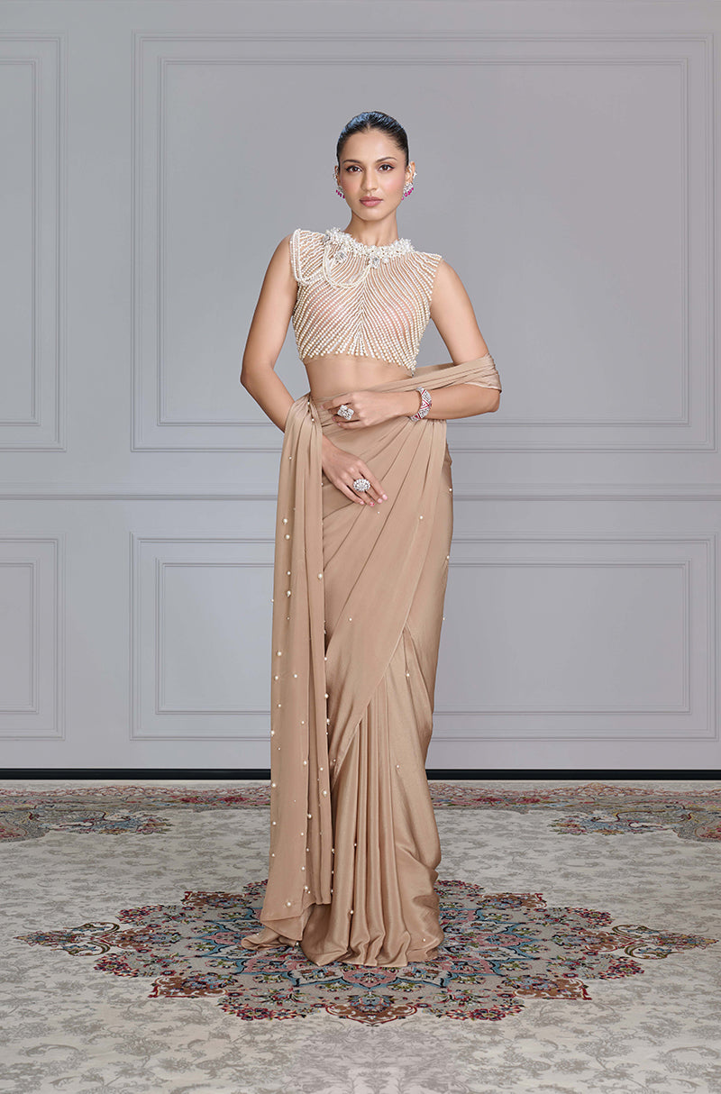 Beige with Scattered Pearls Saree Set