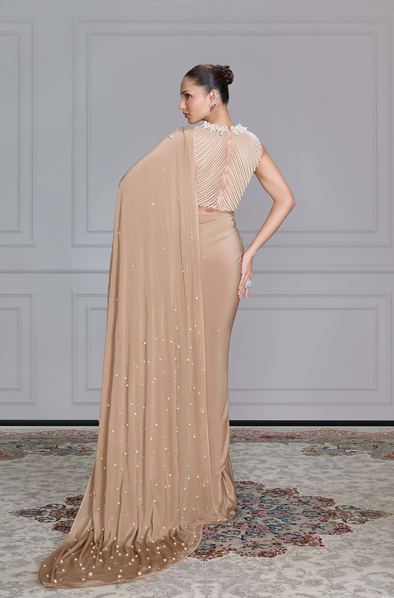 Beige with Scattered Pearls Saree Set