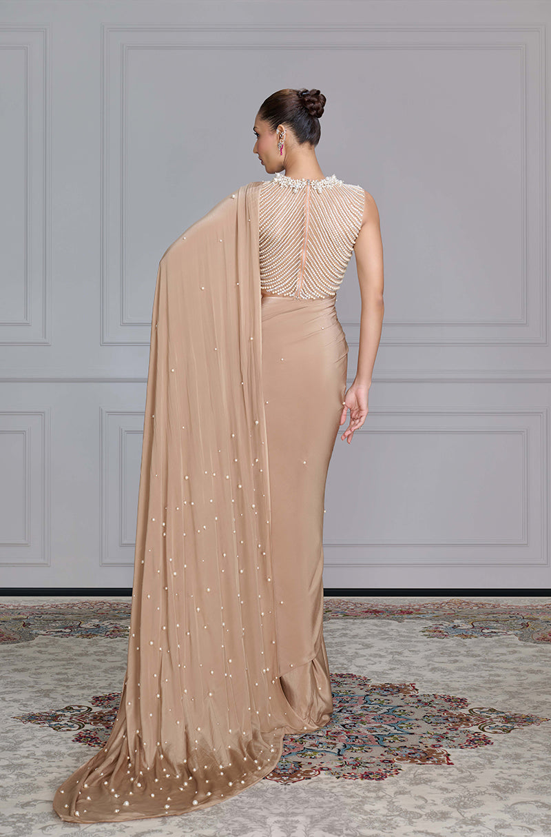 Beige with Scattered Pearls Saree Set