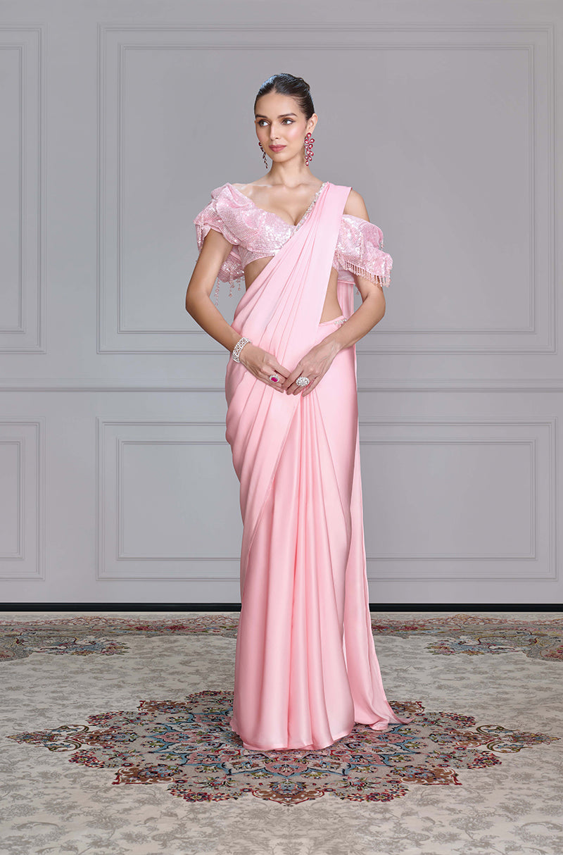 Pink Satin Saree Set