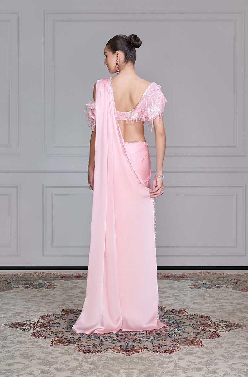 Pink Satin Saree Set