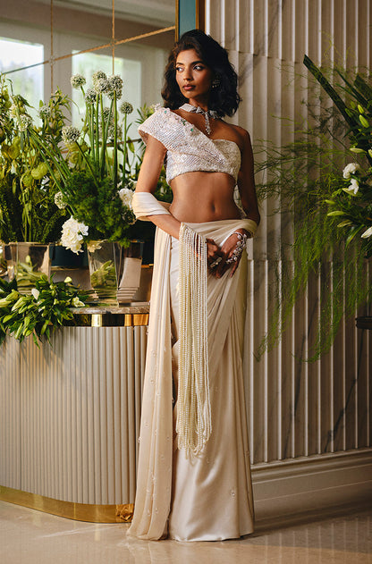 Off White Satin Saree Set