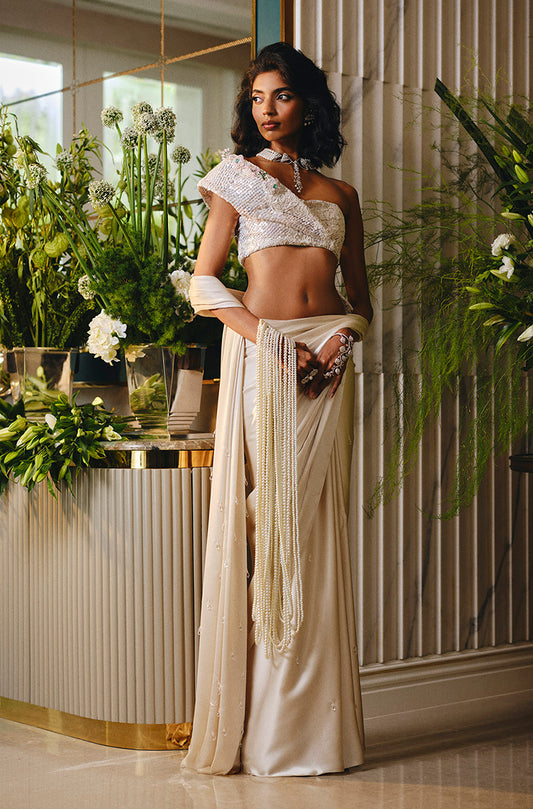 Off White Satin Saree Set