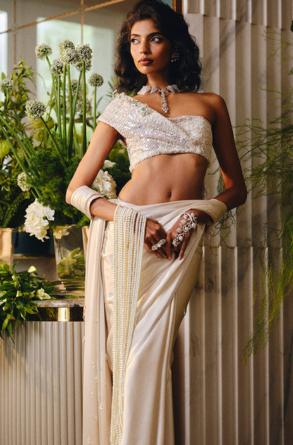 Off White Satin Saree Set