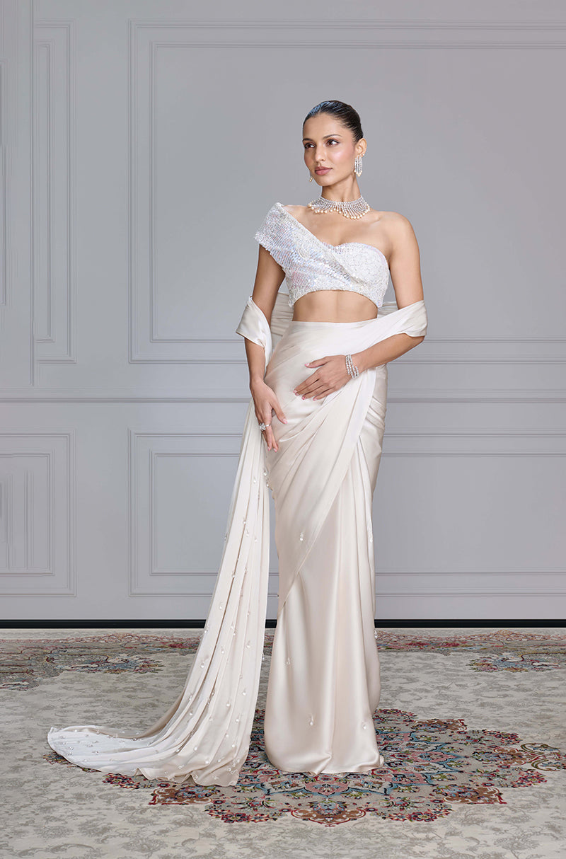 Off White Satin Saree Set