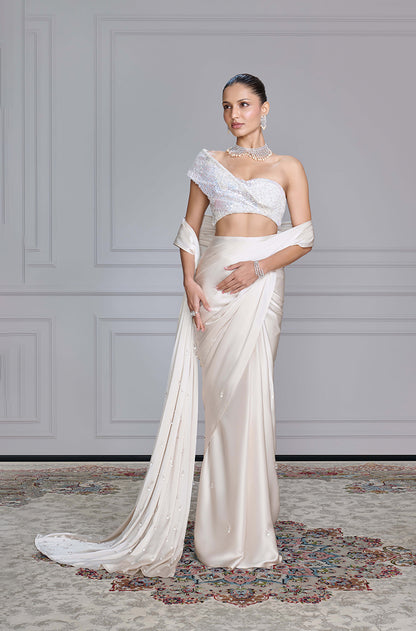 Off White Satin Saree Set