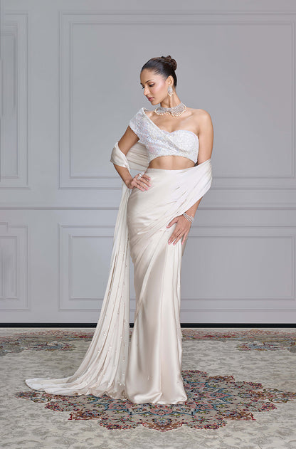 Off White Satin Saree Set