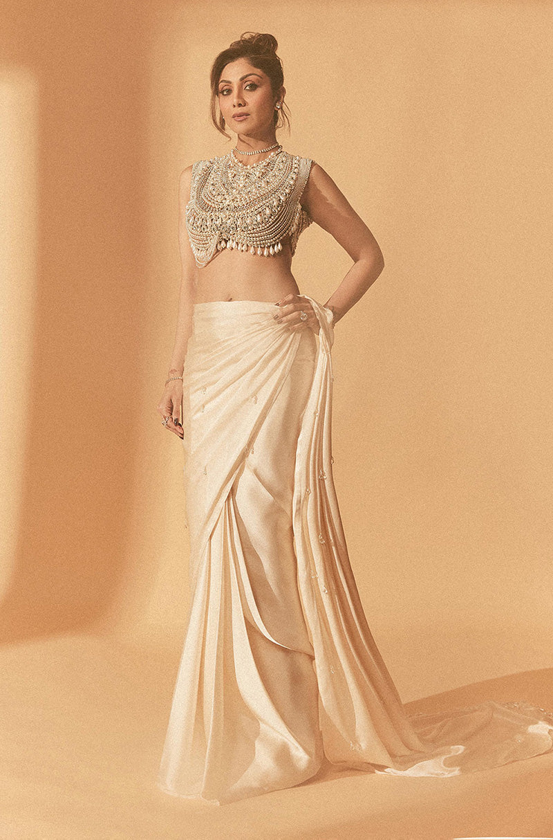 Shilpa Shetty in our Ivory Stitched Saree