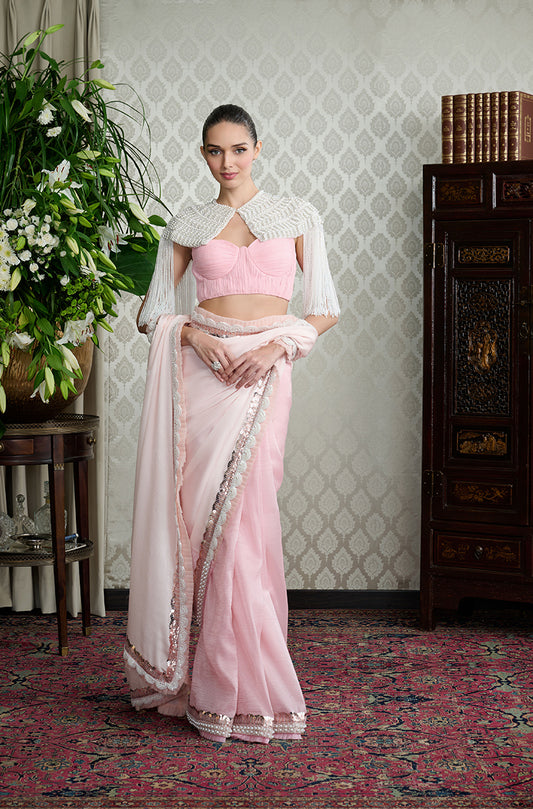 Pink Ombré with Scalloped Embroidered Border Saree Set
