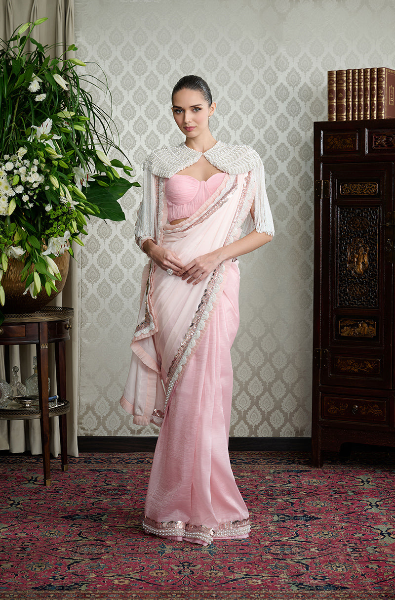 Pink Ombré with Scalloped Embroidered Border Saree Set