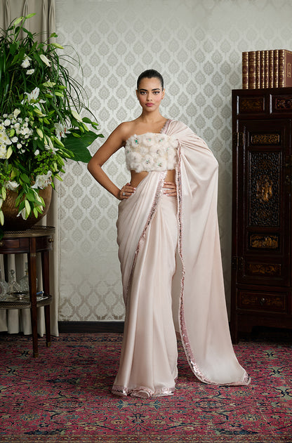 Fawn Satin Chiffon Saree Set