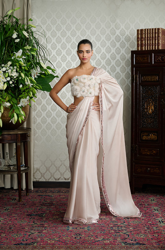 Fawn Satin Chiffon Saree Set