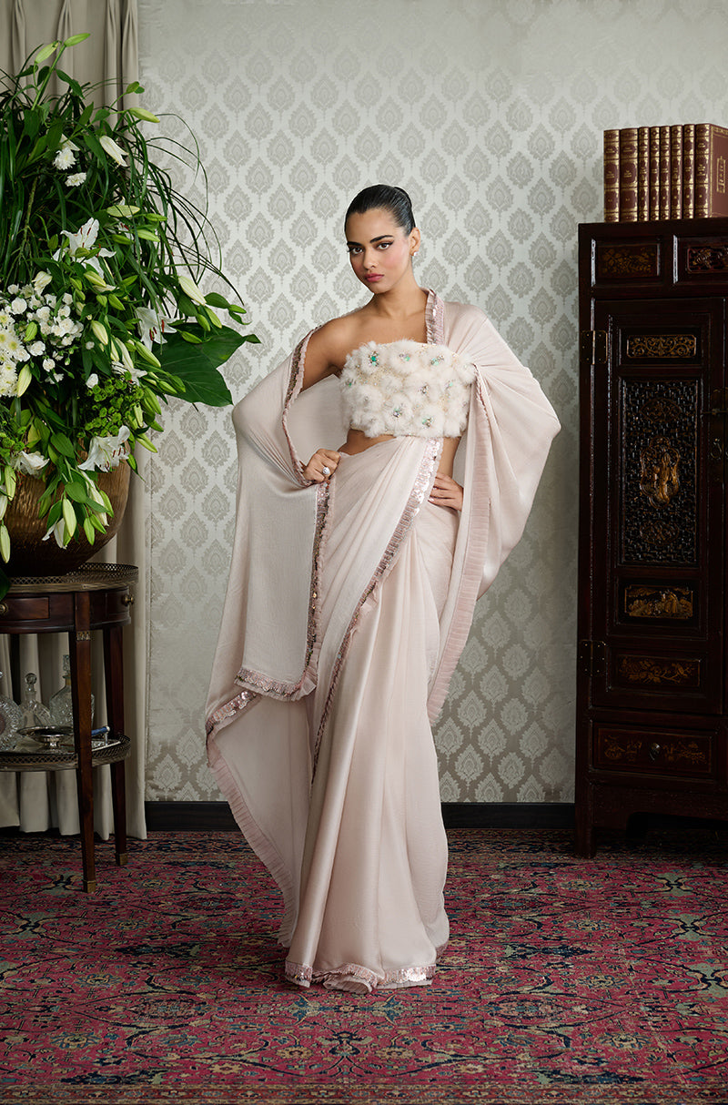 Fawn Satin Chiffon Saree Set