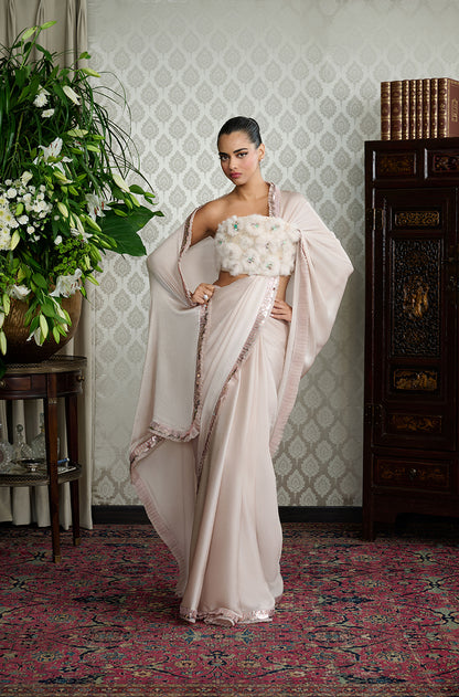 Fawn Satin Chiffon Saree Set