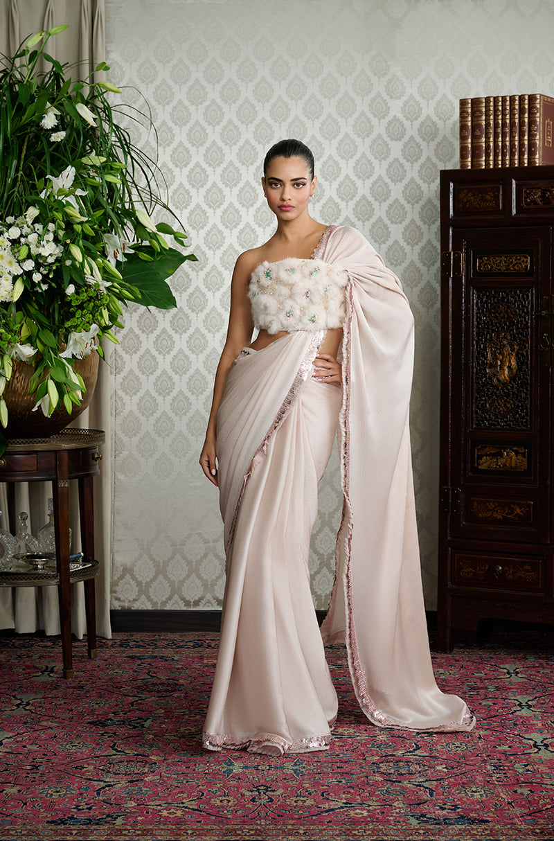 Fawn Satin Chiffon Saree Set