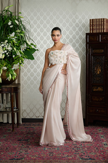 Fawn Satin Chiffon Saree Set