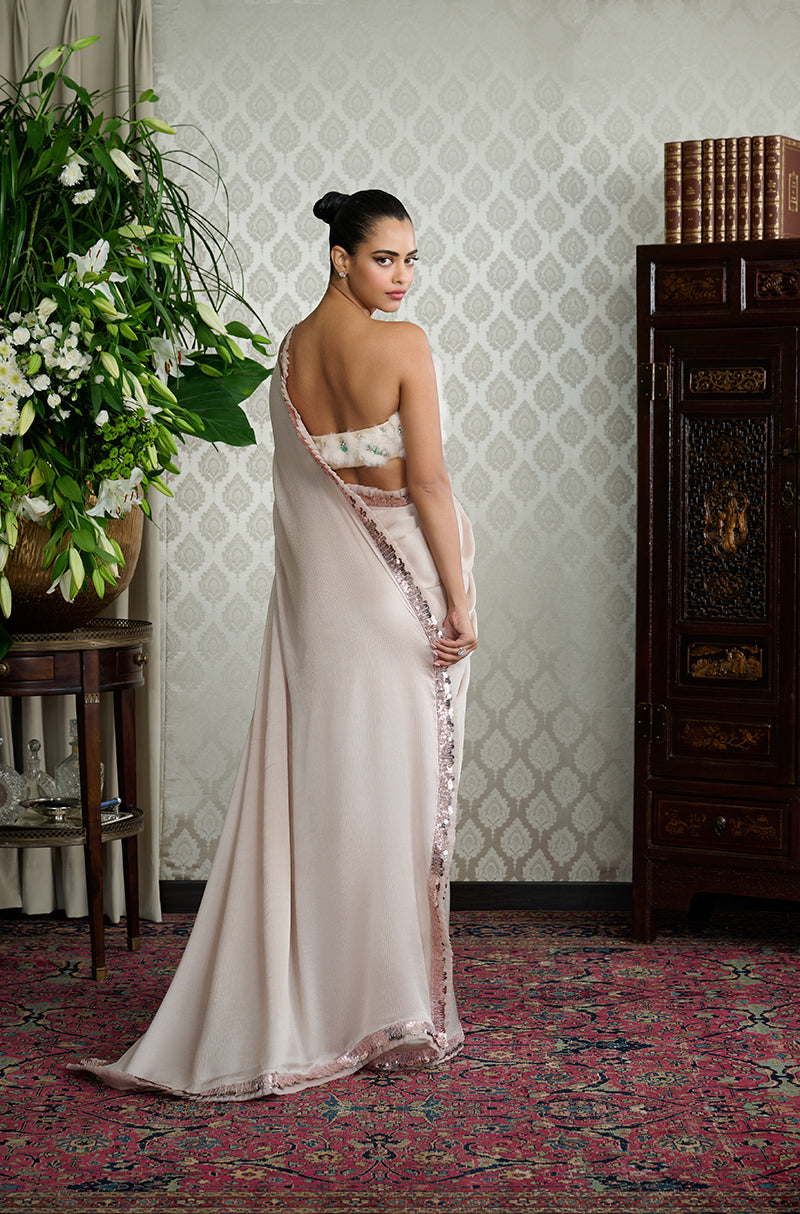 Fawn Satin Chiffon Saree Set