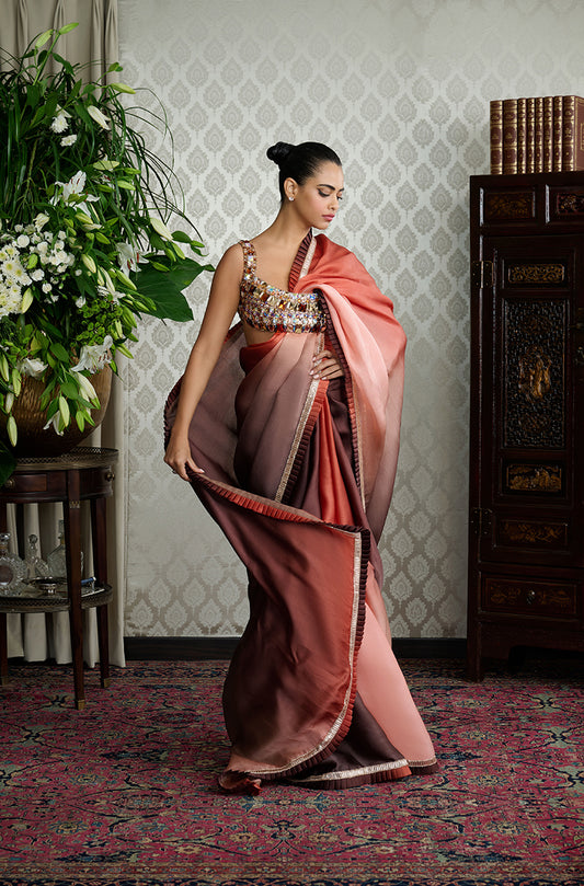 Brown Ombré Satin Organza Saree Set