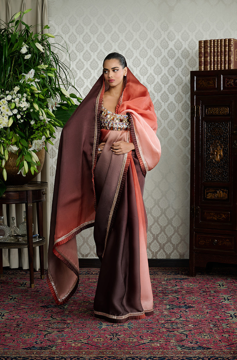 Brown Ombré Satin Organza Saree Set