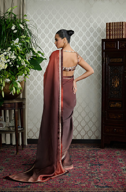 Brown Ombré Satin Organza Saree Set