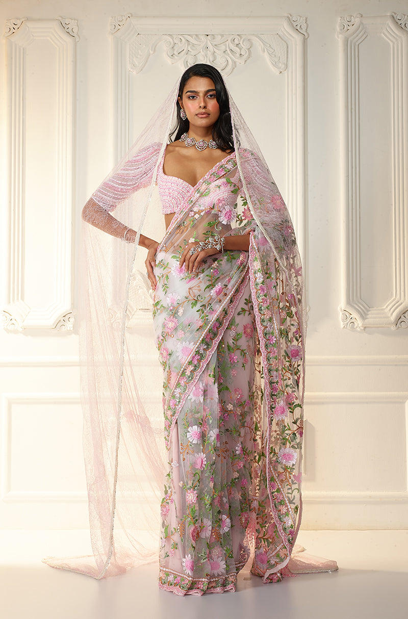 Ivory & Pink Floral Kashmiri Embroidered Saree Set