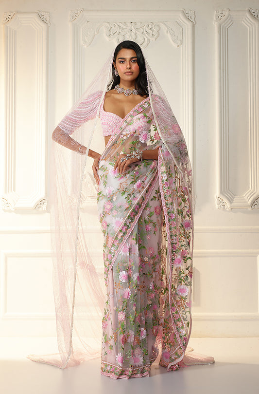 Ivory & Pink Floral Kashmiri Embroidered Saree Set