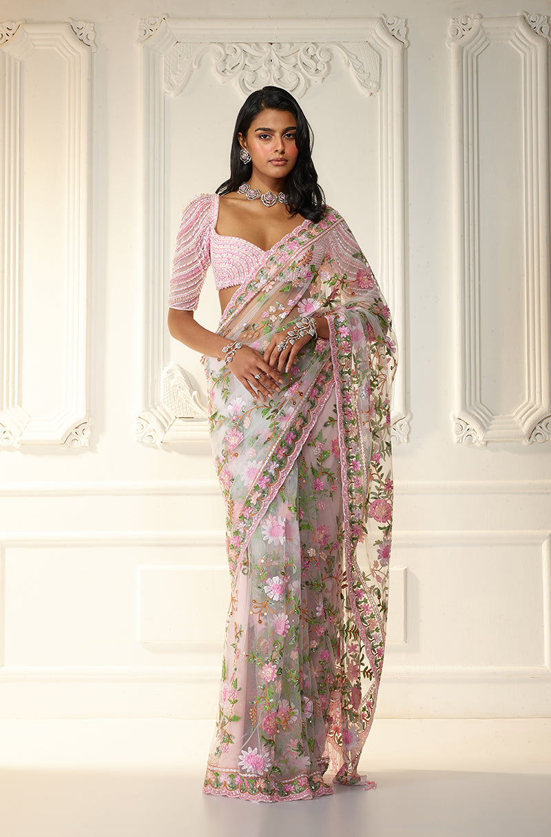 Ivory & Pink Floral Kashmiri Embroidered Saree Set