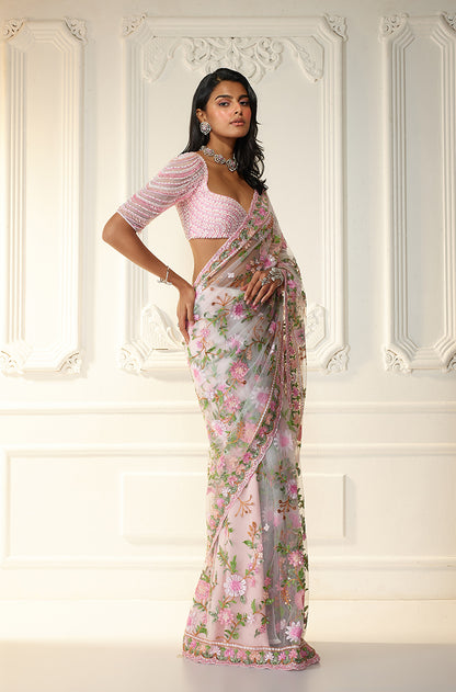 Ivory & Pink Floral Kashmiri Embroidered Saree Set