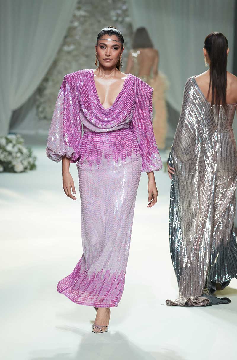 Purple Sequin Cowl Neck Skirt Set