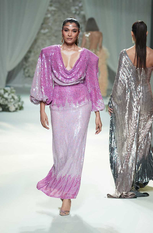 Purple Sequin Cowl Neck Skirt Set