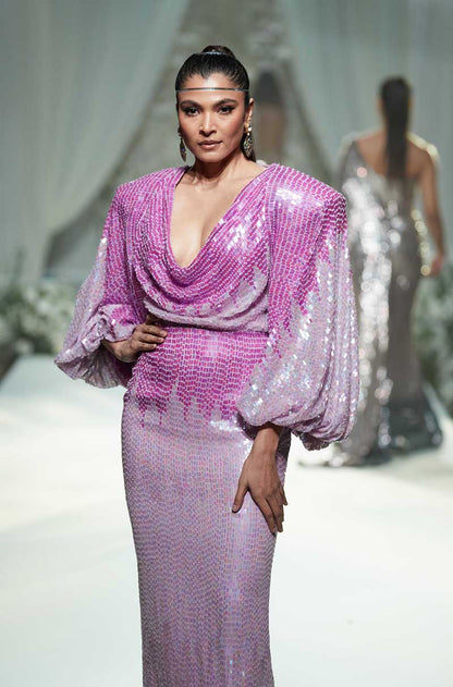 Purple Sequin Cowl Neck Skirt Set