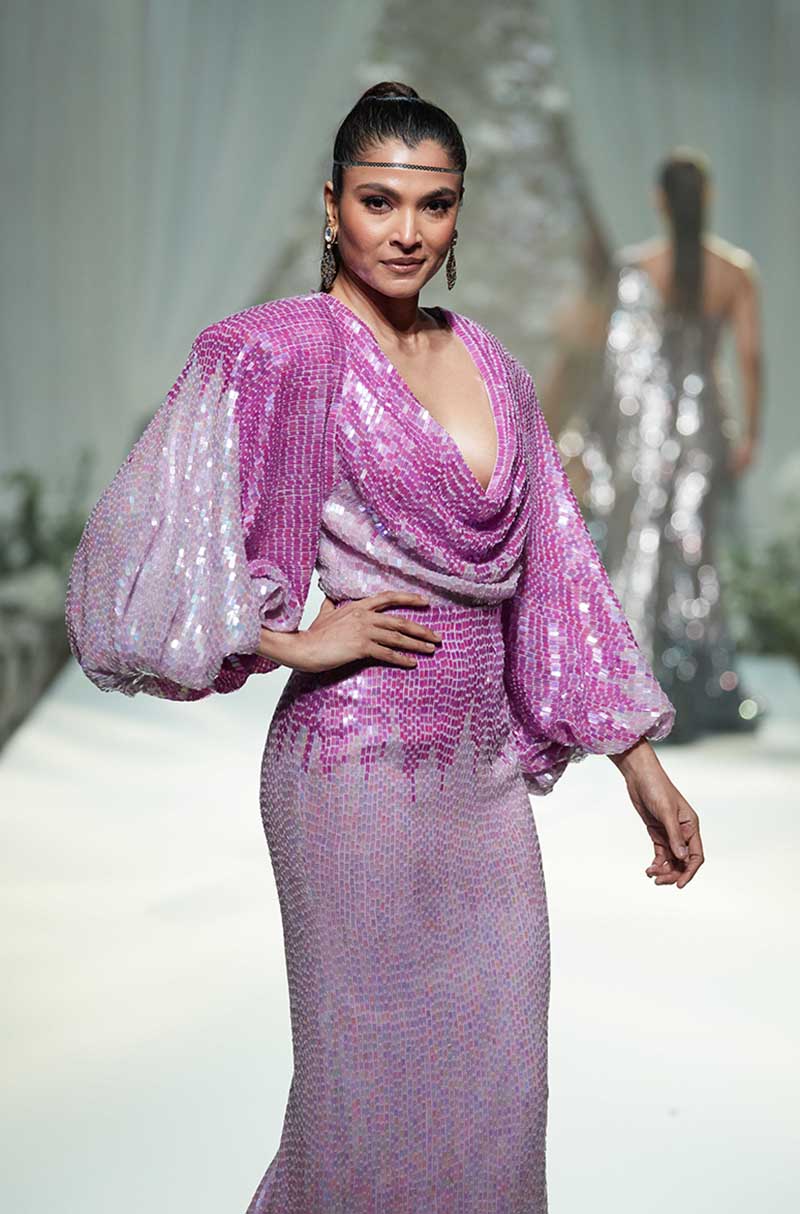 Purple Sequin Cowl Neck Skirt Set