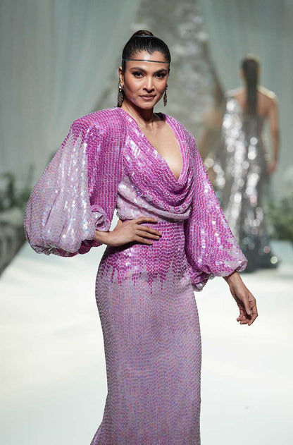 Purple Sequin Cowl Neck Skirt Set