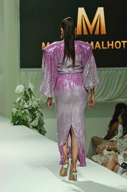 Purple Sequin Cowl Neck Skirt Set