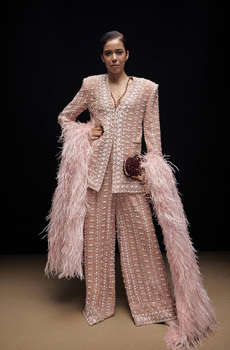 Salmon Pink Fishbone Mijwan Pant Suit Set