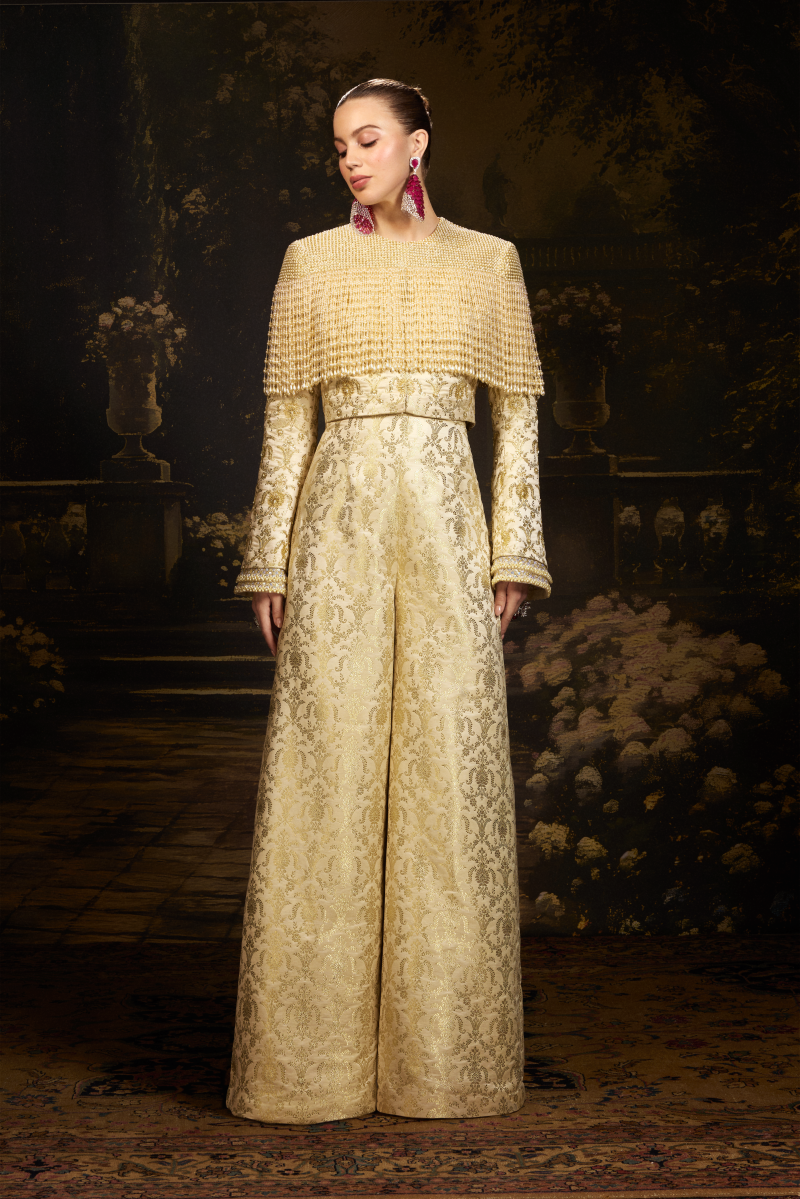 Gold Brocade Pearl Sequined Tassels Jacket Set