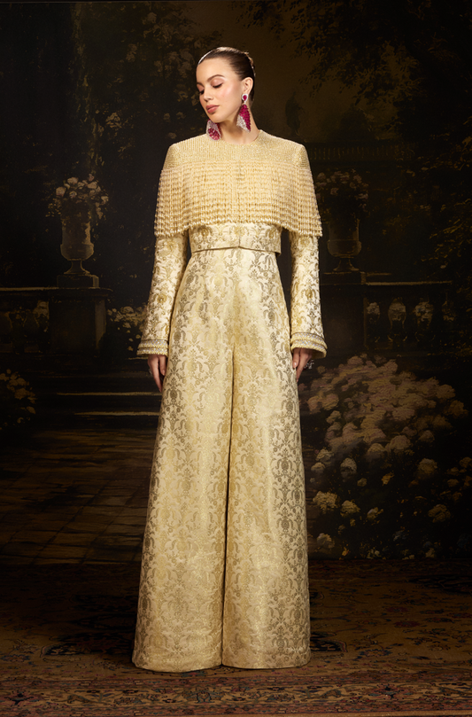 Gold Brocade Pearl Sequined Tassels Jacket Set