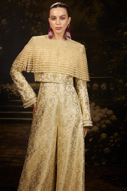 Gold Brocade Pearl Sequined Tassels Jacket Set