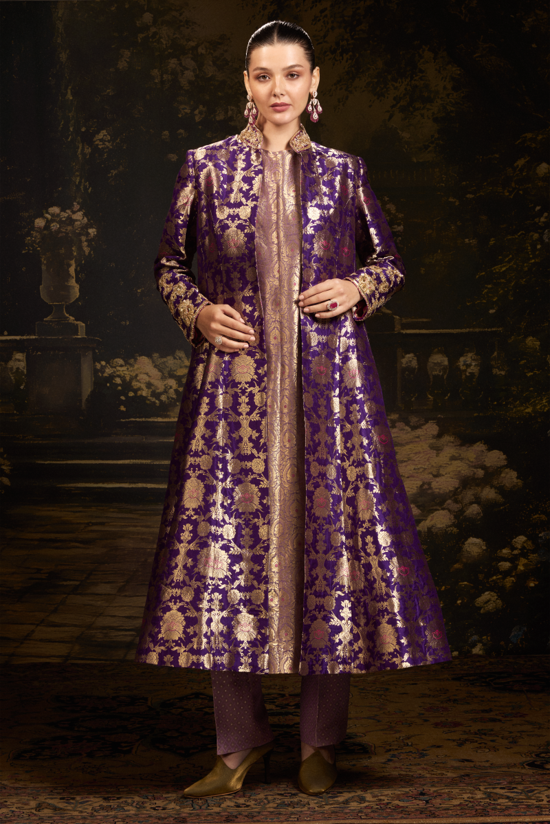 Deep Purple Brocade Banarasi Jacket Set