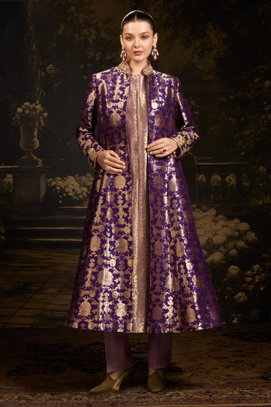 Deep Purple Brocade Banarasi Jacket Set