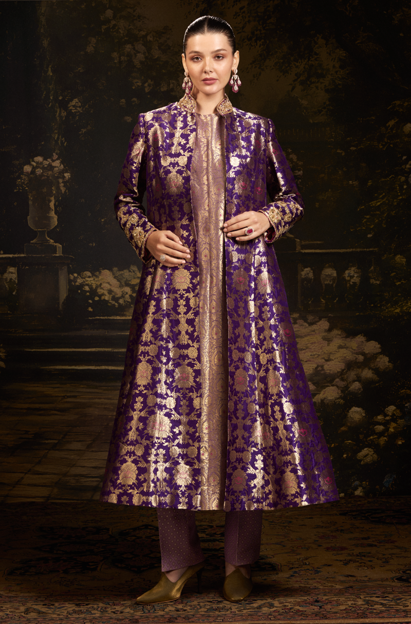 Deep Purple Brocade Banarasi Jacket Set